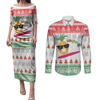 Hawaiian Mele Kalikimaka Couples Matching Puletasi and Long Sleeve Button Shirt Funny Pineapple Surfing with Map Christmas Stripe Elements