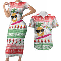Hawaiian Mele Kalikimaka Couples Matching Short Sleeve Bodycon Dress and Hawaiian Shirt Funny Pineapple Surfing with Map Christmas Stripe Elements
