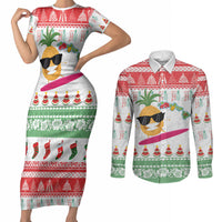 Hawaiian Mele Kalikimaka Couples Matching Short Sleeve Bodycon Dress and Long Sleeve Button Shirt Funny Pineapple Surfing with Map Christmas Stripe Elements