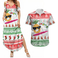 Hawaiian Mele Kalikimaka Couples Matching Summer Maxi Dress and Hawaiian Shirt Funny Pineapple Surfing with Map Christmas Stripe Elements