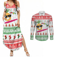 Hawaiian Mele Kalikimaka Couples Matching Summer Maxi Dress and Long Sleeve Button Shirt Funny Pineapple Surfing with Map Christmas Stripe Elements