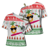 Hawaiian Mele Kalikimaka Cross Shoulder Shirt Funny Pineapple Surfing with Map Christmas Stripe Elements
