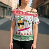 Hawaiian Mele Kalikimaka Cross Shoulder Shirt Funny Pineapple Surfing with Map Christmas Stripe Elements