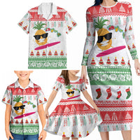 Hawaiian Mele Kalikimaka Family Matching Long Sleeve Bodycon Dress and Hawaiian Shirt Funny Pineapple Surfing with Map Christmas Stripe Elements