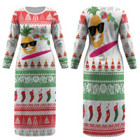 Hawaiian Mele Kalikimaka Family Matching Long Sleeve Bodycon Dress and Hawaiian Shirt Funny Pineapple Surfing with Map Christmas Stripe Elements