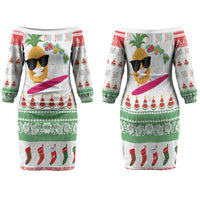 Hawaiian Mele Kalikimaka Family Matching Off The Shoulder Long Sleeve Dress and Hawaiian Shirt Funny Pineapple Surfing with Map Christmas Stripe Elements