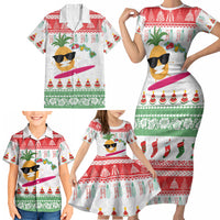 Hawaiian Mele Kalikimaka Family Matching Short Sleeve Bodycon Dress and Hawaiian Shirt Funny Pineapple Surfing with Map Christmas Stripe Elements