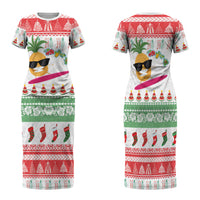 Hawaiian Mele Kalikimaka Family Matching Short Sleeve Bodycon Dress and Hawaiian Shirt Funny Pineapple Surfing with Map Christmas Stripe Elements