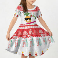 Hawaiian Mele Kalikimaka Kid Short Sleeve Dress Funny Pineapple Surfing with Map Christmas Stripe Elements