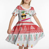 Hawaiian Mele Kalikimaka Kid Short Sleeve Dress Funny Pineapple Surfing with Map Christmas Stripe Elements