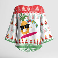 Hawaiian Mele Kalikimaka Kimono Sleeve Blouse Funny Pineapple Surfing with Map Christmas Stripe Elements