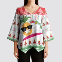 Hawaiian Mele Kalikimaka Kimono Sleeve Blouse Funny Pineapple Surfing with Map Christmas Stripe Elements