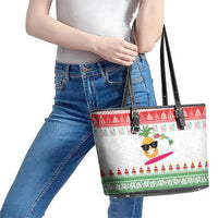 Hawaiian Mele Kalikimaka Leather Tote Bag Funny Pineapple Surfing with Map Christmas Stripe Elements
