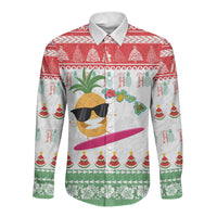 Hawaiian Mele Kalikimaka Long Sleeve Button Shirt Funny Pineapple Surfing with Map Christmas Stripe Elements