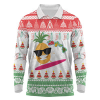 Hawaiian Mele Kalikimaka Long Sleeve Polo Shirt Funny Pineapple Surfing with Map Christmas Stripe Elements