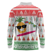 Hawaiian Mele Kalikimaka Long Sleeve Polo Shirt Funny Pineapple Surfing with Map Christmas Stripe Elements