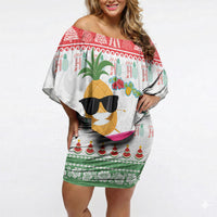 Hawaiian Mele Kalikimaka Off Shoulder Short Dress Funny Pineapple Surfing with Map Christmas Stripe Elements
