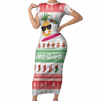 Hawaiian Mele Kalikimaka Short Sleeve Bodycon Dress Funny Pineapple Surfing with Map Christmas Stripe Elements