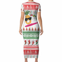 Hawaiian Mele Kalikimaka Short Sleeve Bodycon Dress Funny Pineapple Surfing with Map Christmas Stripe Elements