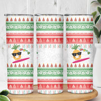 Hawaiian Mele Kalikimaka Skinny Tumbler Funny Pineapple Surfing with Map Christmas Stripe Elements