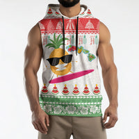 Hawaiian Mele Kalikimaka Sleeveless Hoodie Funny Pineapple Surfing with Map Christmas Stripe Elements
