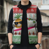 Hawaiian Mele Kalikimaka Sleeveless Puffer Jacket Funny Pineapple Surfing with Map Christmas Stripe Elements
