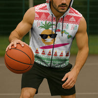Hawaiian Mele Kalikimaka Sleeveless Zip Hoodie Funny Pineapple Surfing with Map Christmas Stripe Elements