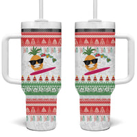 Hawaiian Mele Kalikimaka Tumbler With Handle Funny Pineapple Surfing with Map Christmas Stripe Elements