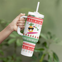 Hawaiian Mele Kalikimaka Tumbler With Handle Funny Pineapple Surfing with Map Christmas Stripe Elements