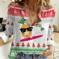 Hawaiian Mele Kalikimaka Women Casual Shirt Funny Pineapple Surfing with Map Christmas Stripe Elements
