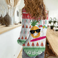 Hawaiian Mele Kalikimaka Women Casual Shirt Funny Pineapple Surfing with Map Christmas Stripe Elements