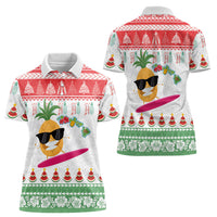 Hawaiian Mele Kalikimaka Women Polo Shirt Funny Pineapple Surfing with Map Christmas Stripe Elements
