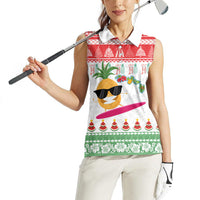 Hawaiian Mele Kalikimaka Women Sleeveless Polo Shirt Funny Pineapple Surfing with Map Christmas Stripe Elements