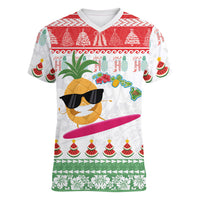 Hawaiian Mele Kalikimaka Women V-Neck T-Shirt Funny Pineapple Surfing with Map Christmas Stripe Elements