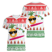 Hawaiian Mele Kalikimaka Women V-Neck T-Shirt Funny Pineapple Surfing with Map Christmas Stripe Elements
