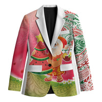 Hawaiian Watermelon Mele Kalikimaka Blazer Tropical Tribal Pattern with Funny Santa Claus