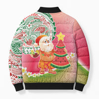Hawaiian Watermelon Mele Kalikimaka Bomber Puffer Jacket Tropical Tribal Pattern with Funny Santa Claus