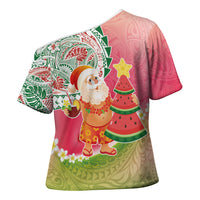 Hawaiian Watermelon Mele Kalikimaka Cross Shoulder Shirt Tropical Tribal Pattern with Funny Santa Claus