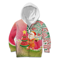 Hawaiian Watermelon Mele Kalikimaka Kid Hoodie Tropical Tribal Pattern with Funny Santa Claus