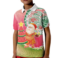 Hawaiian Watermelon Mele Kalikimaka Kid Polo Shirt Tropical Tribal Pattern with Funny Santa Claus