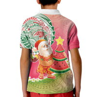 Hawaiian Watermelon Mele Kalikimaka Kid Polo Shirt Tropical Tribal Pattern with Funny Santa Claus