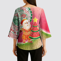 Hawaiian Watermelon Mele Kalikimaka Kimono Sleeve Blouse Tropical Tribal Pattern with Funny Santa Claus