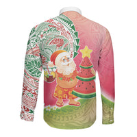Hawaiian Watermelon Mele Kalikimaka Long Sleeve Button Shirt Tropical Tribal Pattern with Funny Santa Claus