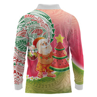 Hawaiian Watermelon Mele Kalikimaka Long Sleeve Polo Shirt Tropical Tribal Pattern with Funny Santa Claus