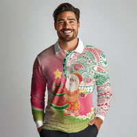 Hawaiian Watermelon Mele Kalikimaka Long Sleeve Polo Shirt Tropical Tribal Pattern with Funny Santa Claus