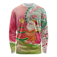 Hawaiian Watermelon Mele Kalikimaka Long Sleeve Shirt Tropical Tribal Pattern with Funny Santa Claus