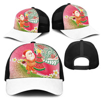 Hawaiian Watermelon Mele Kalikimaka Mesh Trucker Cap Tropical Tribal Pattern with Funny Santa Claus
