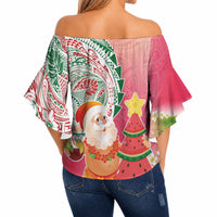 Hawaiian Watermelon Mele Kalikimaka Off Shoulder Wrap Waist Top Tropical Tribal Pattern with Funny Santa Claus