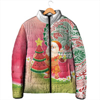 Hawaiian Watermelon Mele Kalikimaka Padded Jacket Tropical Tribal Pattern with Funny Santa Claus
