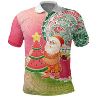 Hawaiian Watermelon Mele Kalikimaka Polo Shirt Tropical Tribal Pattern with Funny Santa Claus